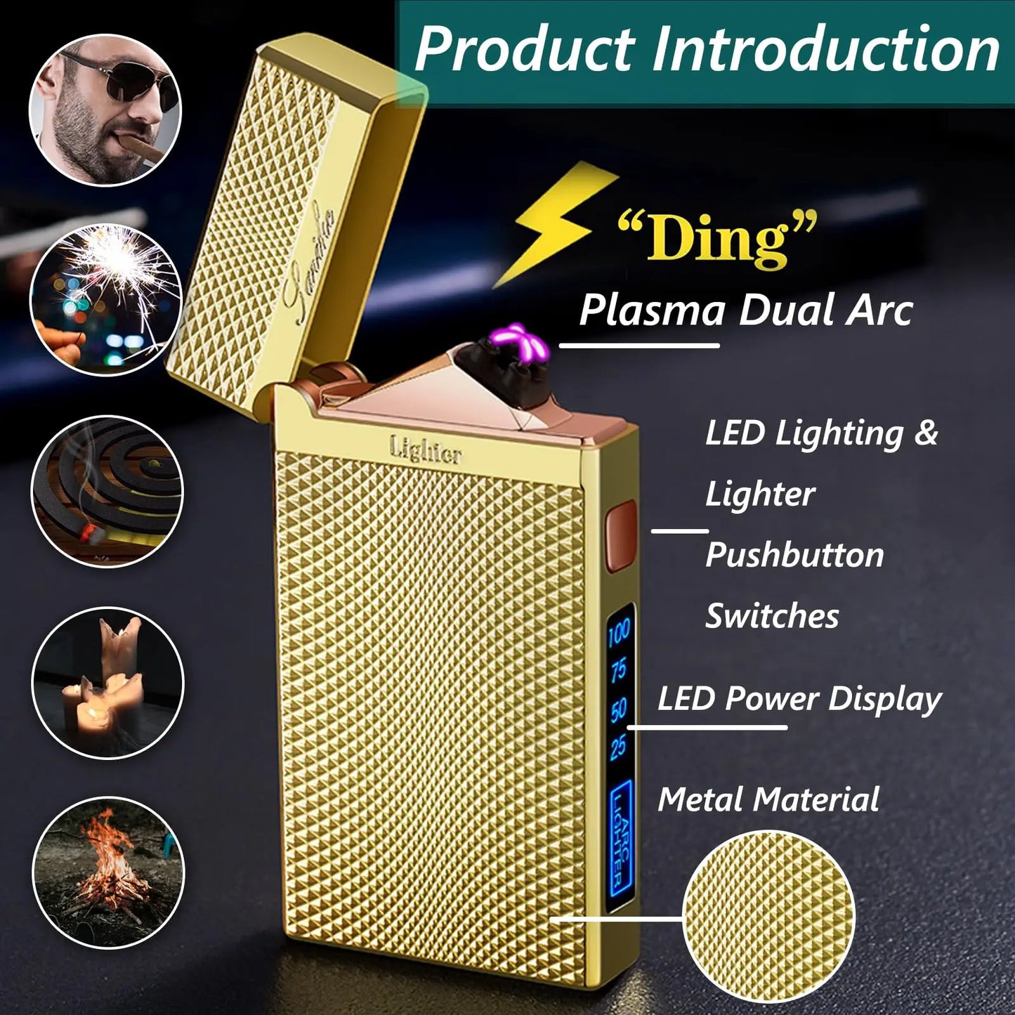 1pc of high-end smart dual-electric arc Type-C charging lighter, fire starter and flashlight in one, windproof dual-electric