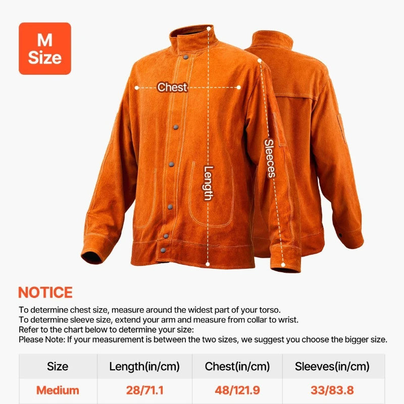 Flame-Resistant Welding Jacket Heavy Duty Leather Welding Safety Jacket M Size