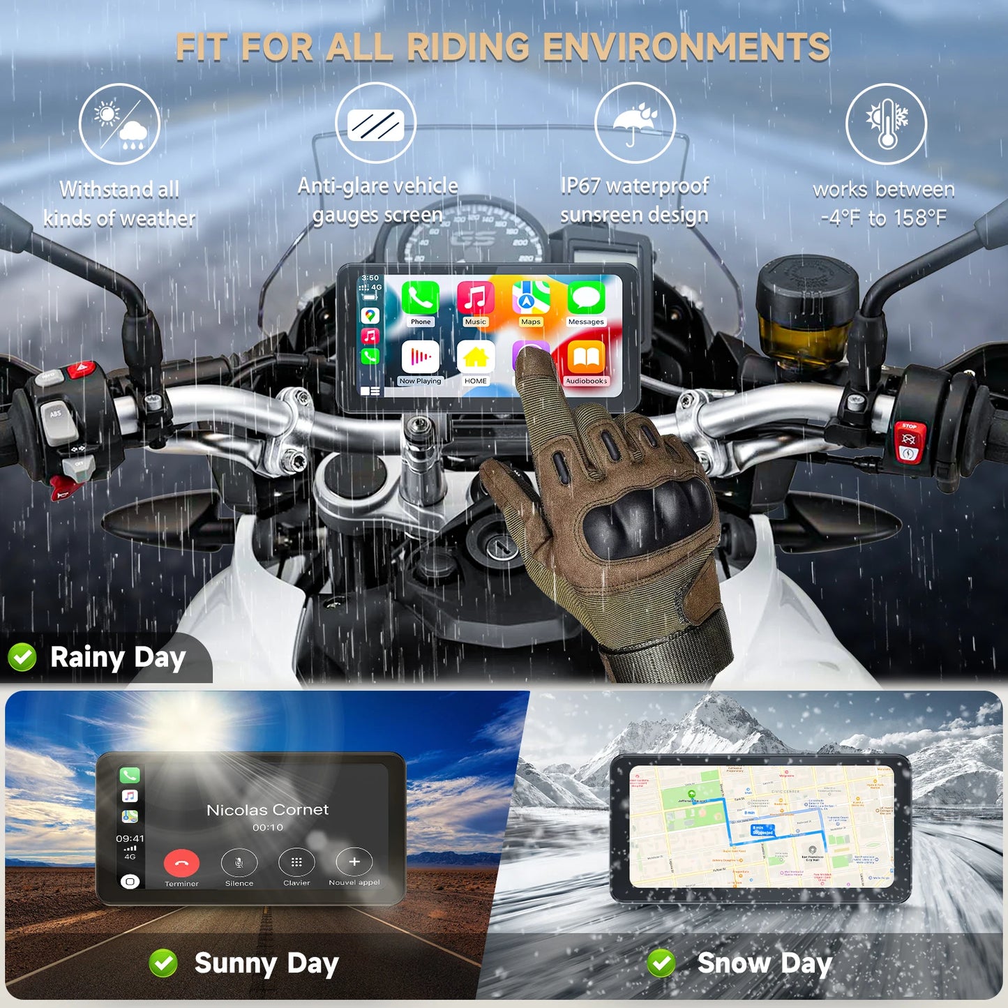 6.25" Motorcycle Navigator Carplay & Android Auto TouchScreen GPS Waterproof